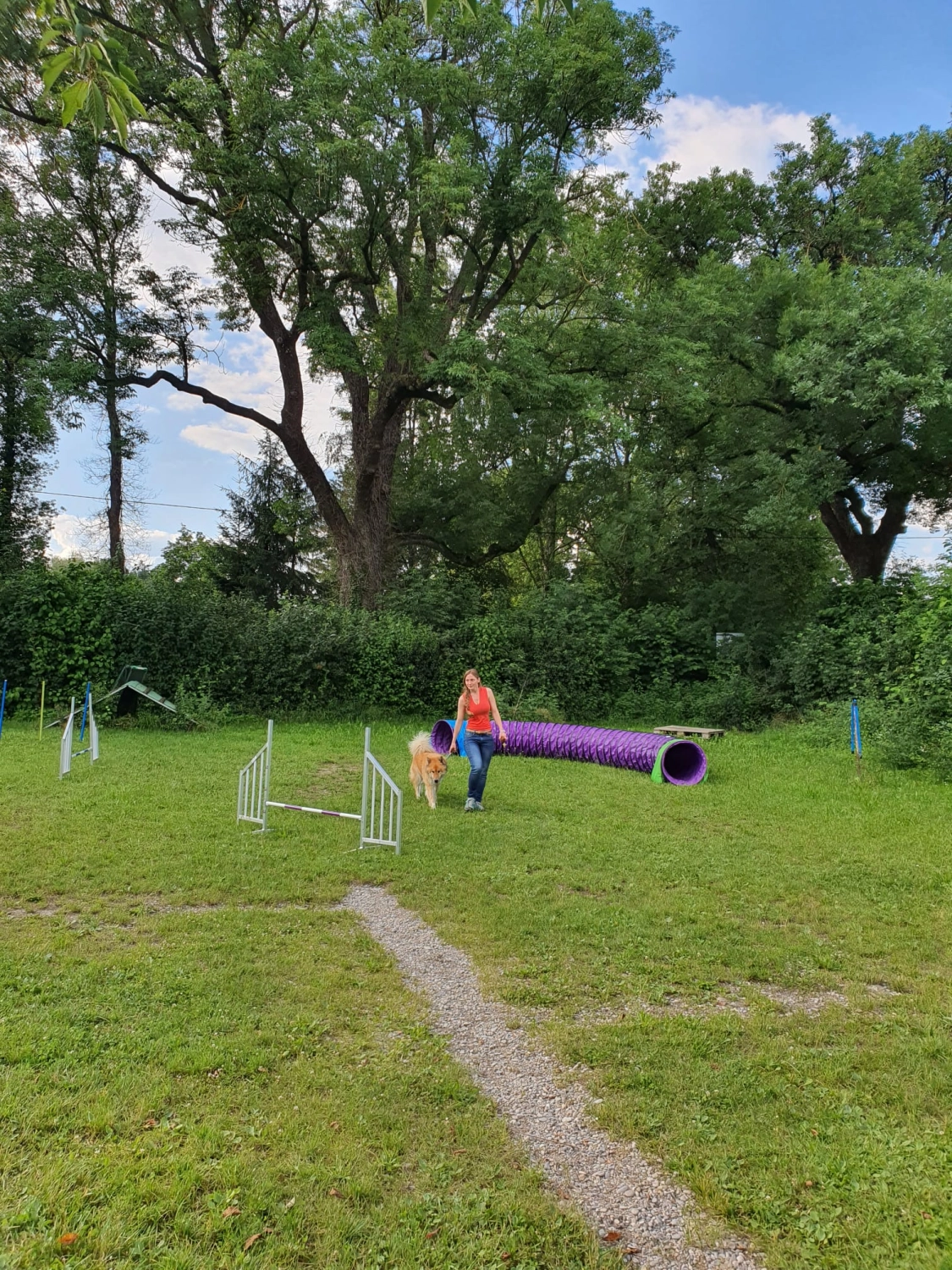 Domino Dogs School, Hundetrainer und Hund im Trainingsgelände